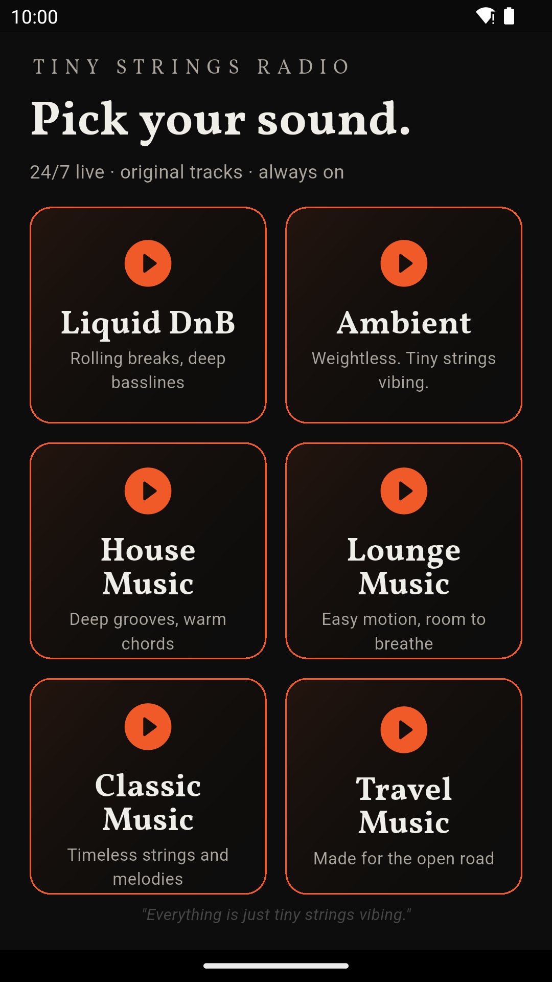Station picker v aplikaci: Liquid DnB, Ambient, House Music, Lounge Music, Classic Music, Travel Music